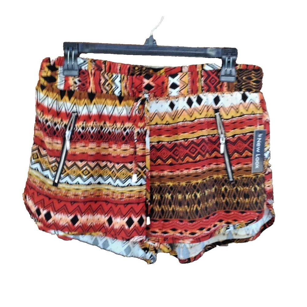 New Look Multi Tribal Print Shorts Lightweight Zippers Tie NWT Size Junior Large